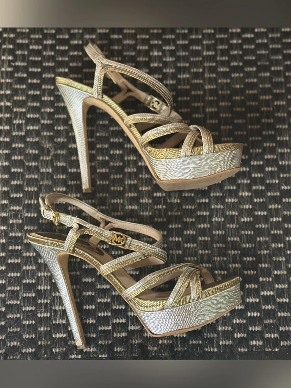 Michael Kors “Cicely” Silver & Gold Leather Strappy Platform Stiletto Heels
